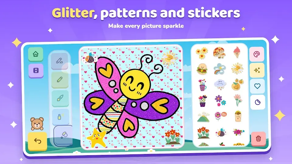 Coloring: glitter, patterns and stickers on a butterfly picture
