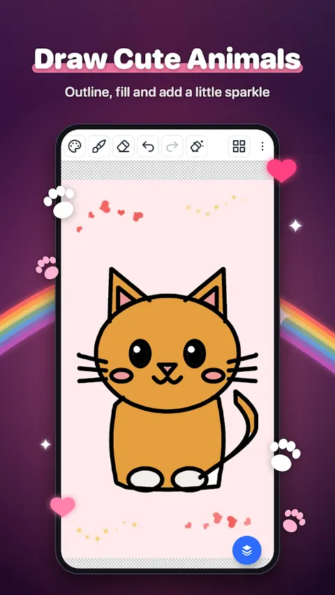 Draw cute animals: outline, fill and add a little sparkle