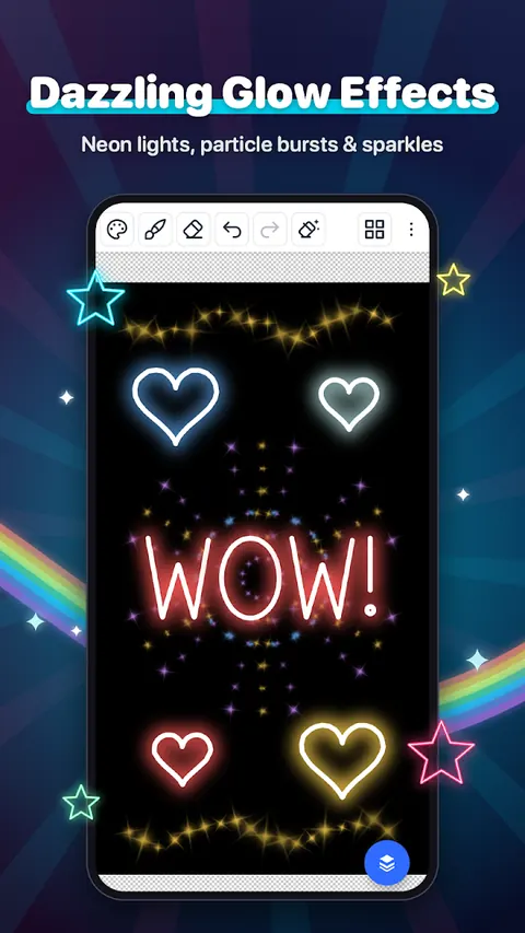 Glow effects: neon lights, particle bursts and sparkles