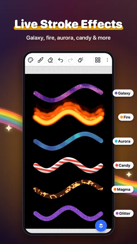 Live stroke effects: galaxy, fire, aurora, candy, magma and glitter