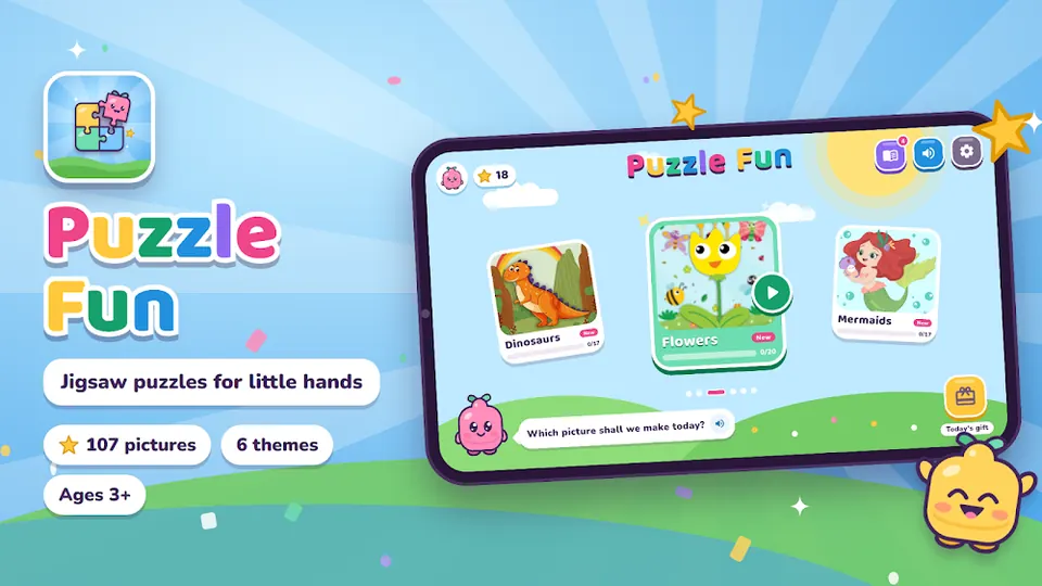 Puzzle Fun: picture themes such as dinosaurs, flowers and mermaids